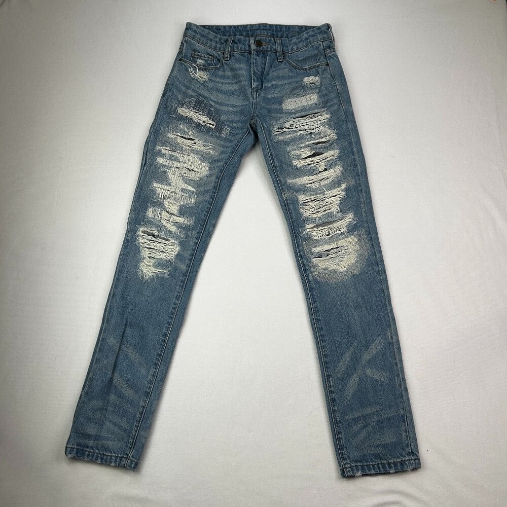 BLANKNYC Distressed Denim Jeans Medium Wash Ripped Shredded Whiskering Slim Leg
